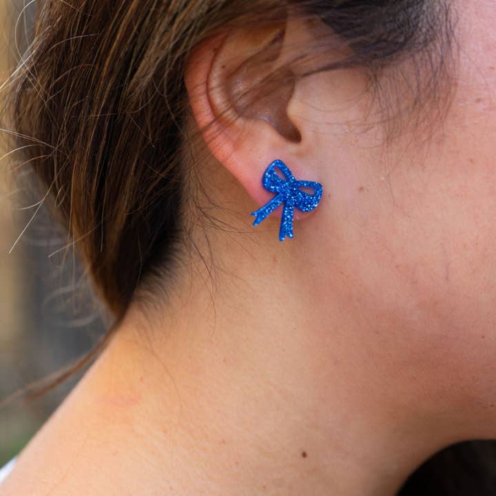 Spiffy & Splendid - Wholesale Stud/Post Earrings - Bow Studs - Blue Glitter // Game Day Earrings