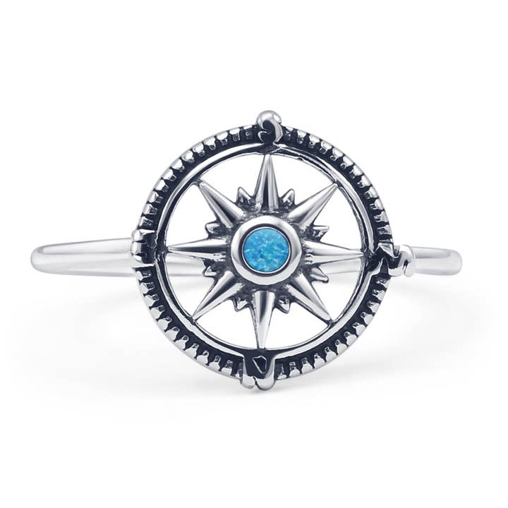 Round Lab Created Blue Opal Compass Ring Oxidized for wholesale by Blue Apple Imports