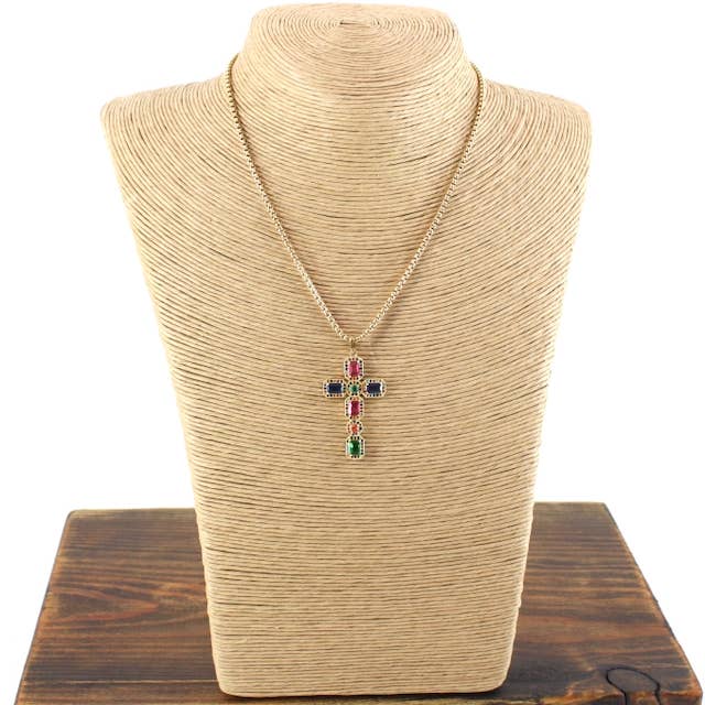 N25021 Colorful CZ Cross Pendant Stainless Steel Necklace for wholesale by Pretty Persuasions