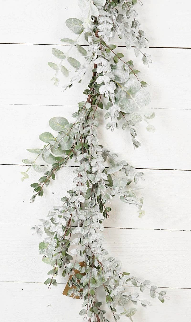 Holiday Depot Inc. - Wholesale Bunting/Garland - 28671- 5ft Garland-Snowy Flocked Mixed Eucalyptus Leaves-1