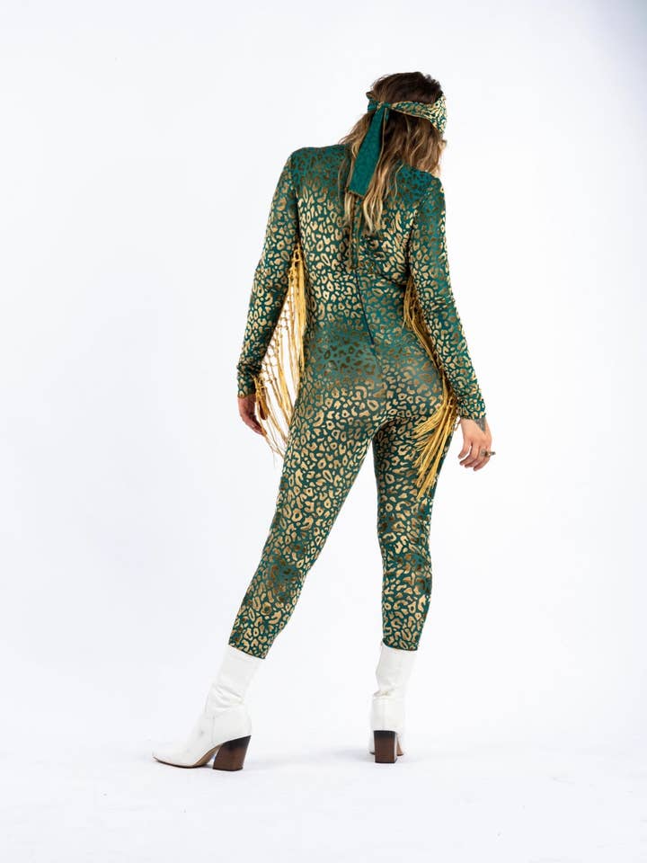 Radiant Robes – wholesale Onesie – Dam – Festivaldräkt med fransar i gepardmönstrad bränd sammet catsuit ravekläder3