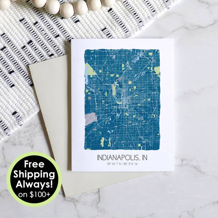 Indianapolis Indiana map greeting card, custom city notecard for wholesale by Sparks House Co.