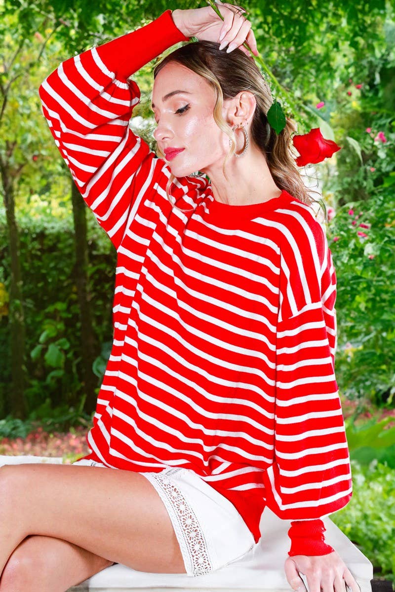 Vine & Love - Wholesale Knit Sweater - Women's - Striped Long Balloon Sleeve Knitted Sweater Top VT60387D29