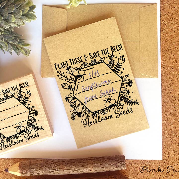 Save The Bees Seed Packet Rubber Stamp for wholesale by Pink Pueblo