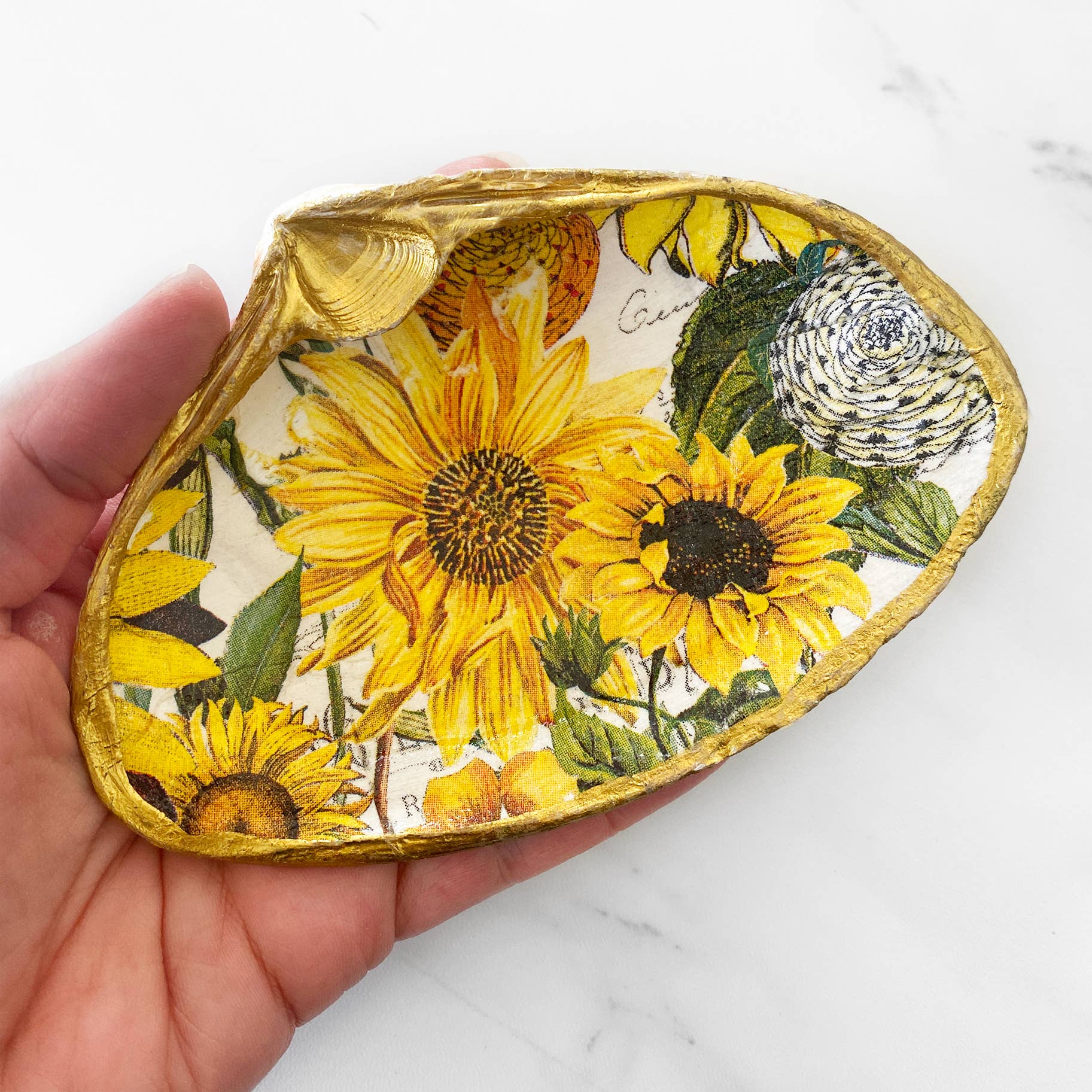 Yellow Sunflower Decoupage Clam Shell Trinket Ring Dish for wholesale by Adori Designs
