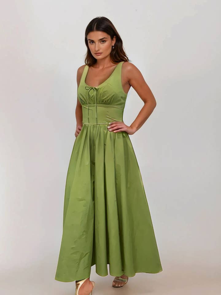 Timeless London - Wholesale Dress – Women's - Lolita Square Neck Midi Sage Green Sleeveless Dress1