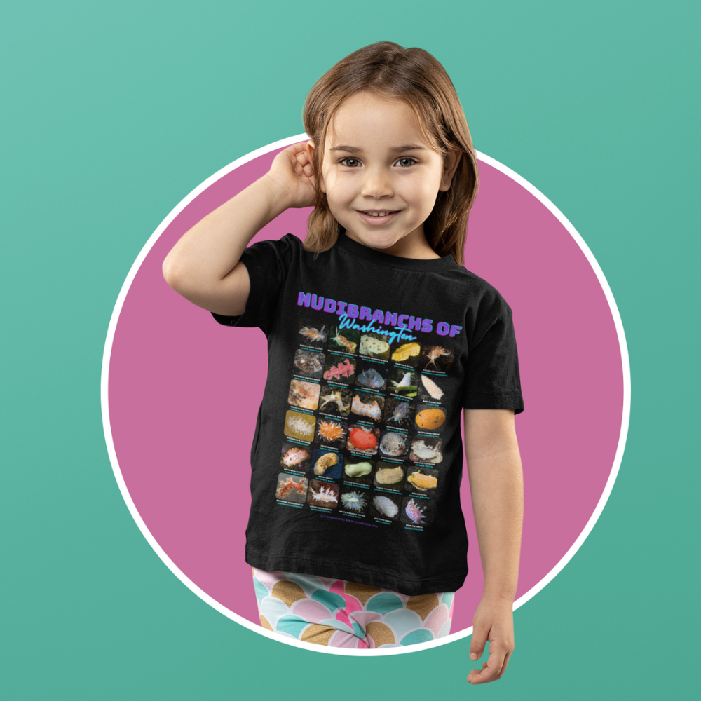 I LOVE NUDIS - Wholesale Screen Printed T-Shirt - Kids - I LOVE NUDIS™ Nudibranchs of Washington Black Kids Softstyle Tee with Photos & Common/Scientific Names5