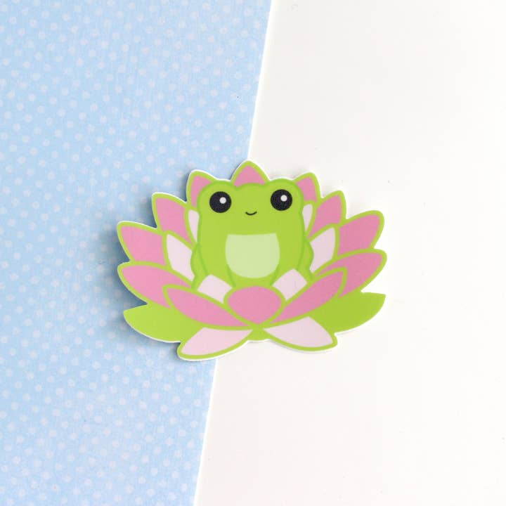 Frog in Lotus Flower Vinyl Sticker. Frog Tumbler Decal for wholesale by Wild Whimsy Woolies