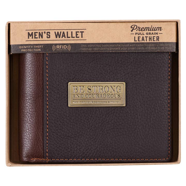 Christian Art Gifts - Wholesale Wallet - Men's - Wallet Leather Brown Be Strong & Courageous Badge