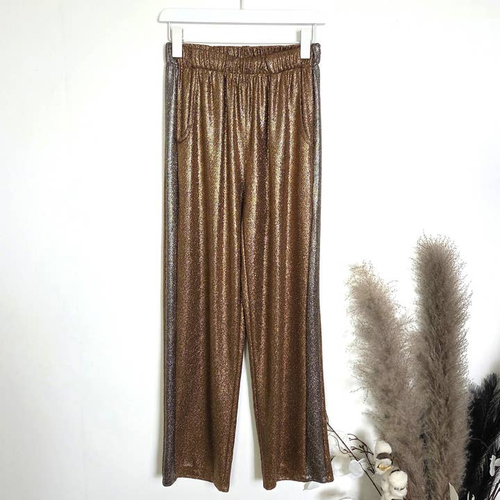 Rakbenta subtila metalliska stretchbyxor med tennfärgad rand och fickor (S-M) för wholesale av Tempest Designs