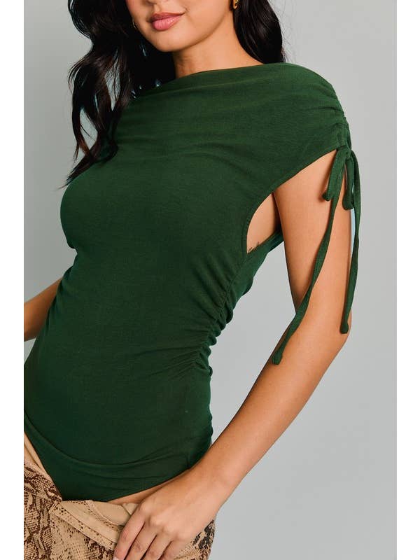 Green Sleeveless Boat Neck Bodysuit With Tie for wholesale on Faire