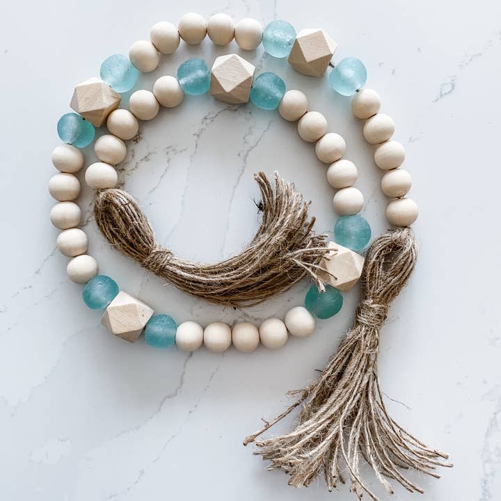 Wood Bead & Aqua Recycled Glass Beads Garland for wholesale by sonder & wolf