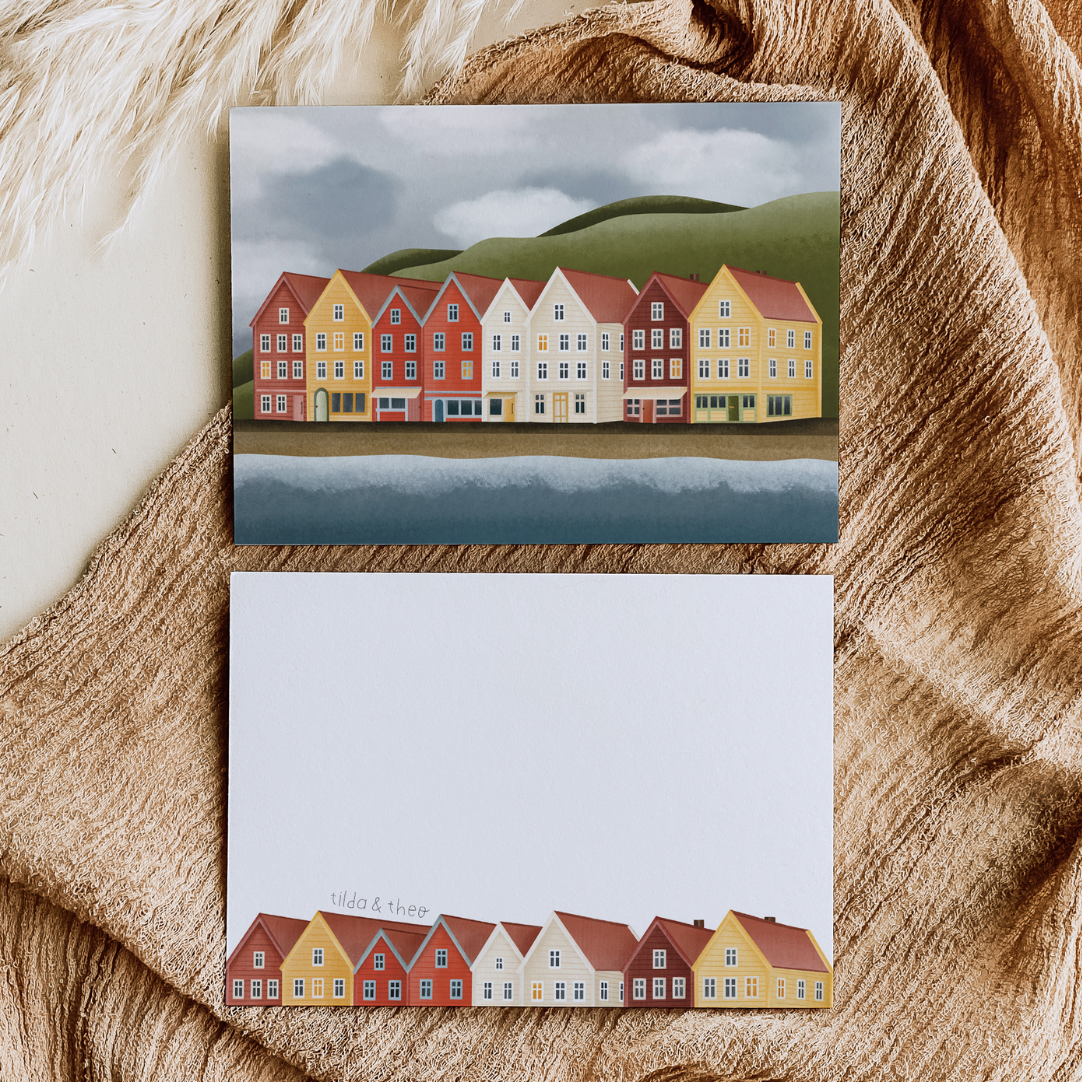 Tilda&Theo - Wholesale Birthday Card - Postcard Norway Houses in Bergen Map Travel Fjords1