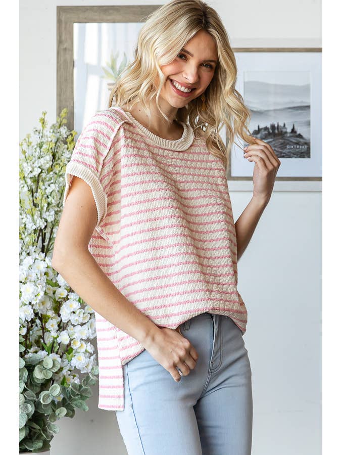 7th Ray - Venta al por mayor Jersey corto de punto - Mujer - Top de manga corta con abertura lateral y textura de rayas T58654