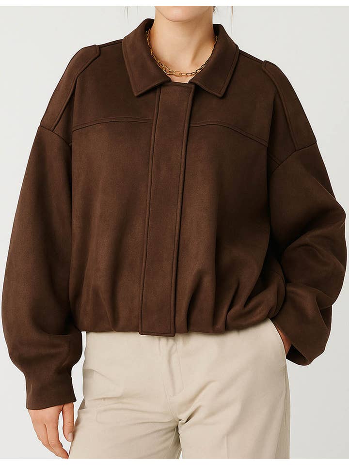 Sweetkama - Wholesale Jacket – Women's - Ladies Faux Suede Shirt Collar Zip-Up Cropped Jacket8