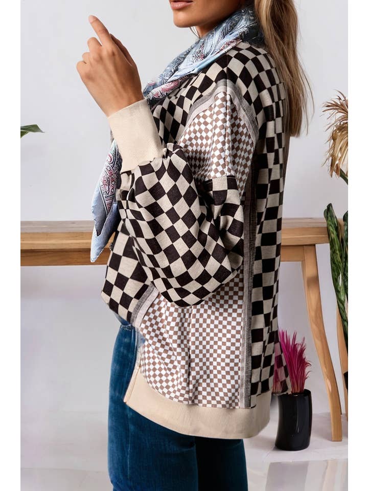 Brown Mixed Checkered Pattern Patchwork High Low Top (S-XL) for wholesale on Faire1