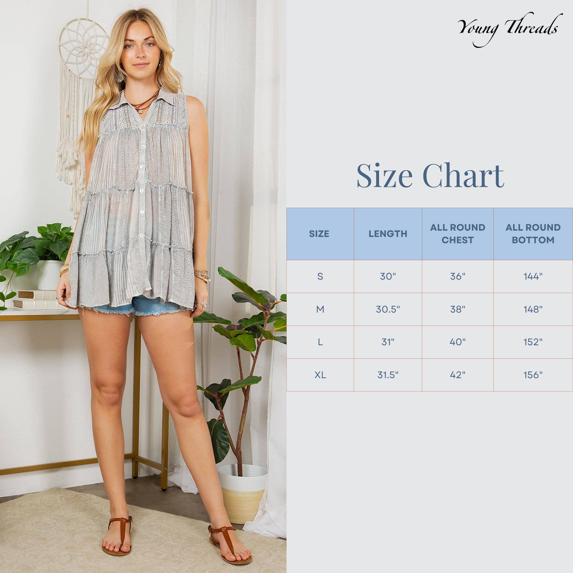 Young Threads - Wholesale Button Down Shirt - Women's - Sleevless Jhabla Top Emb Stonewashed10