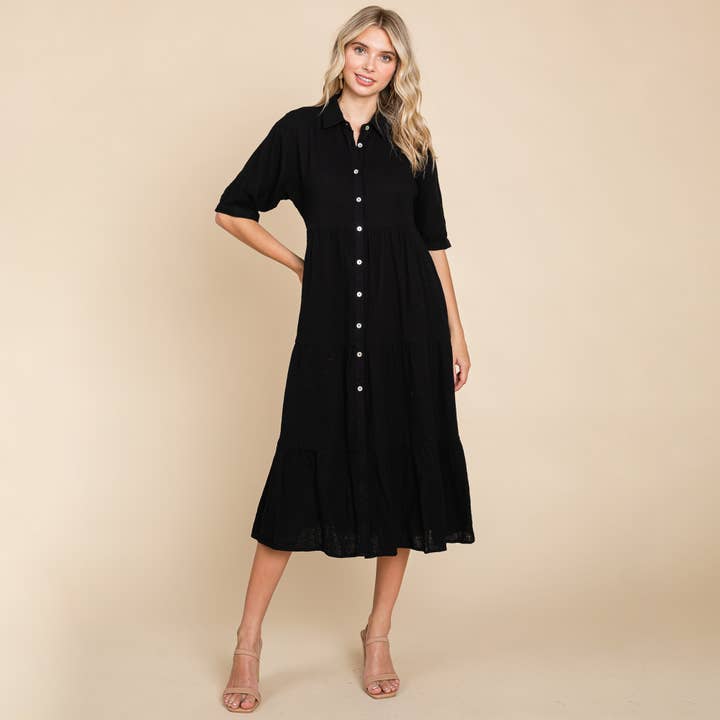ROLYPOLY - Wholesale Dress - Women's - Tiered Double Gauze Cotton Midi Shirt Dress1