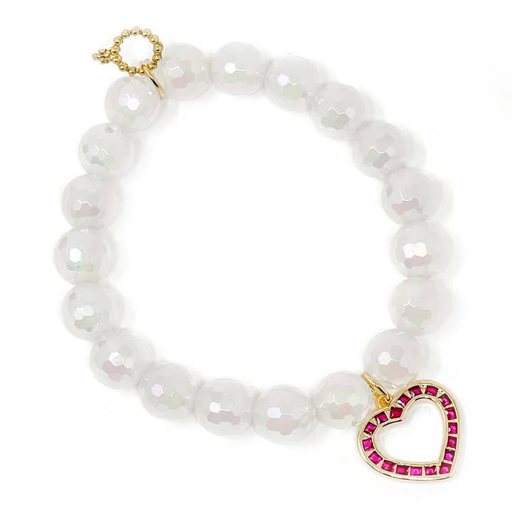 Jade blanc irisé facetté de 10 mm avec cœur pavé rouge rubis pour la vente par PowerBeads by jen