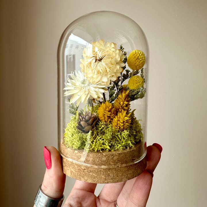 Large Botanical Glass Terrarium Jar w. Yellow Dried Florals for wholesale by CA Studios