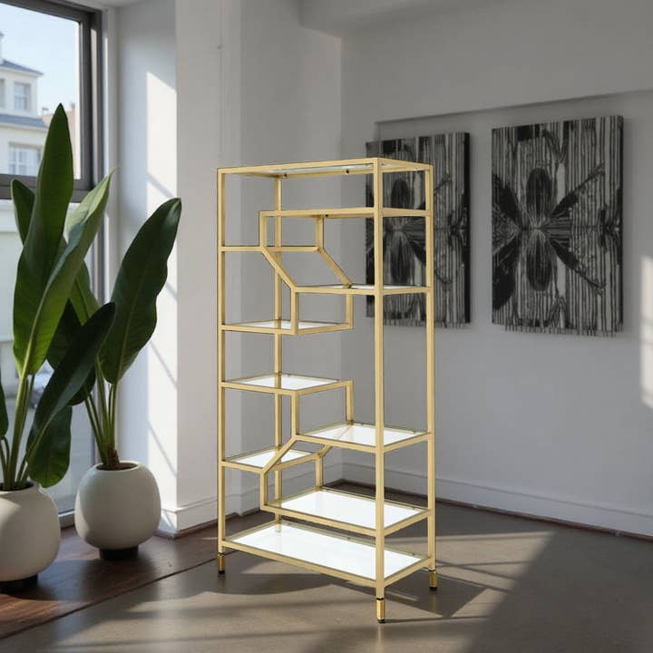 Greenwestons - Wholesale Bookcase - Modern 9-Shelf Gold Bookcase - 77"Height Glass Display Shelf2