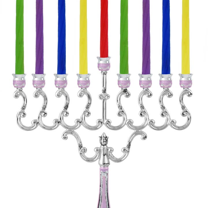 Candle Menorah - Purple Marbleized - Silver Plated - 8 In for wholesale by Ner Mitzvah