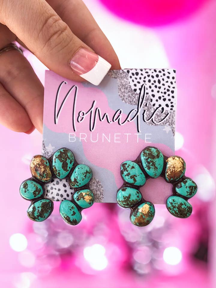 Squash Blossom Turquoise Earrings Western Handmade Clay for wholesale by Nomadic Brunette