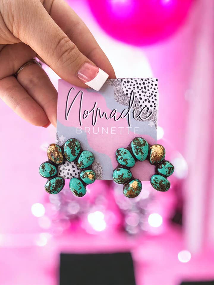 Squash Blossom Turquoise Earrings Western Handmade Clay for wholesale by Nomadic Brunette