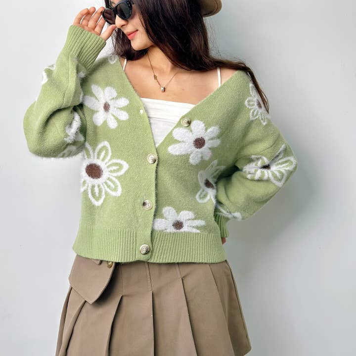 Women’s Grey Daisy Button Cardigan Sweater for wholesale by GEXWORLDWIDE