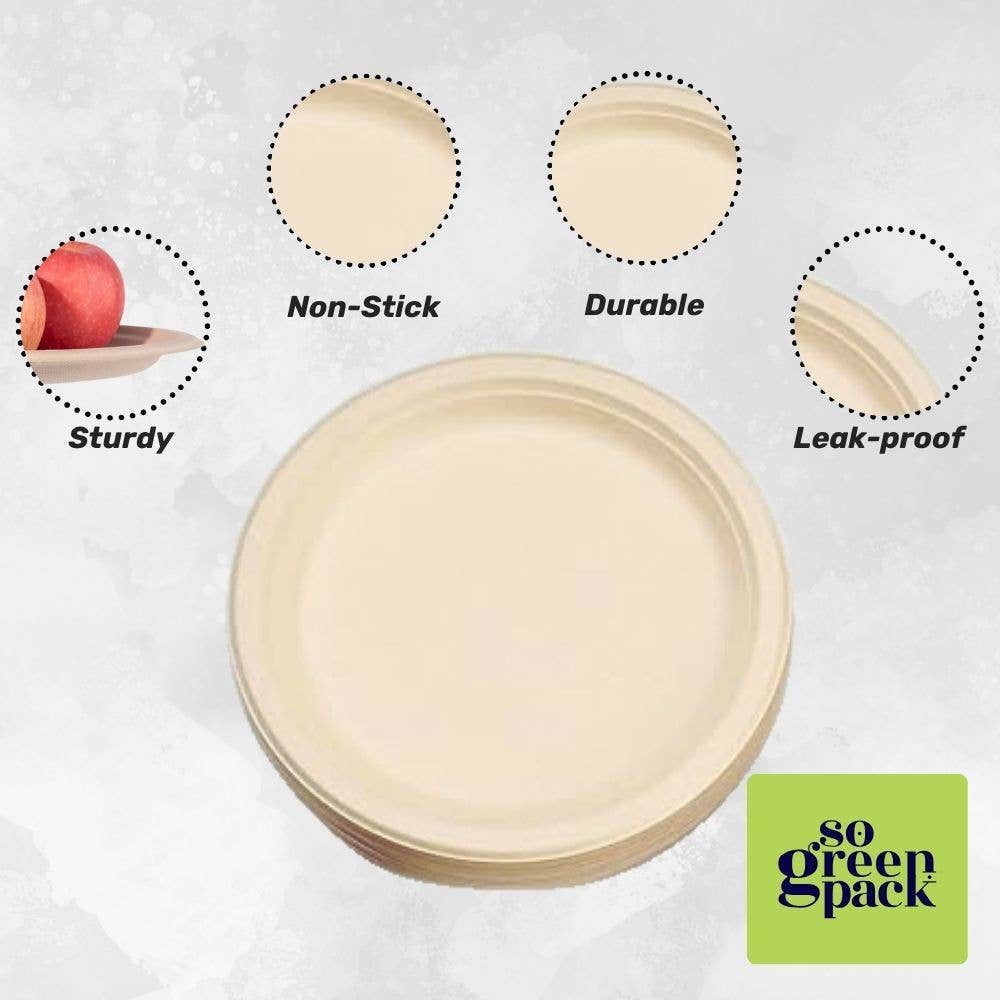 Sogreenpack - Wholesale Disposable Plate - 10" Bagasse Round Plate 100% Compostable Natural 125 Packs6