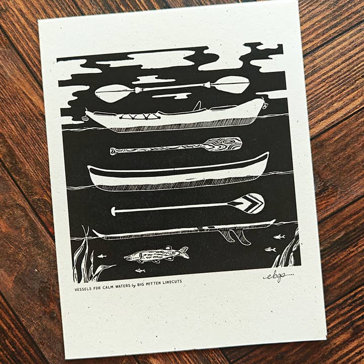 Vessels for Calm Waters Linocut Card for wholesale by Big Mitten Linocuts