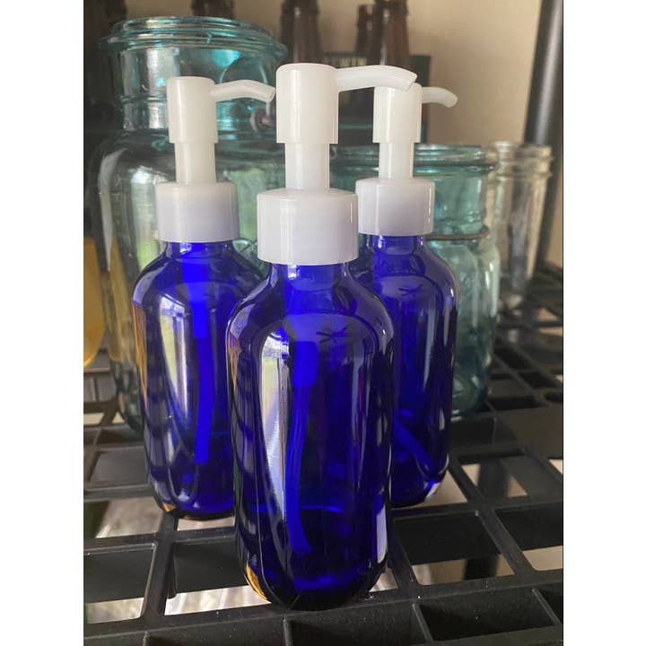 Blue glass dispenser, 4oz, white pump for wholesale by Simple Sundries, LLC