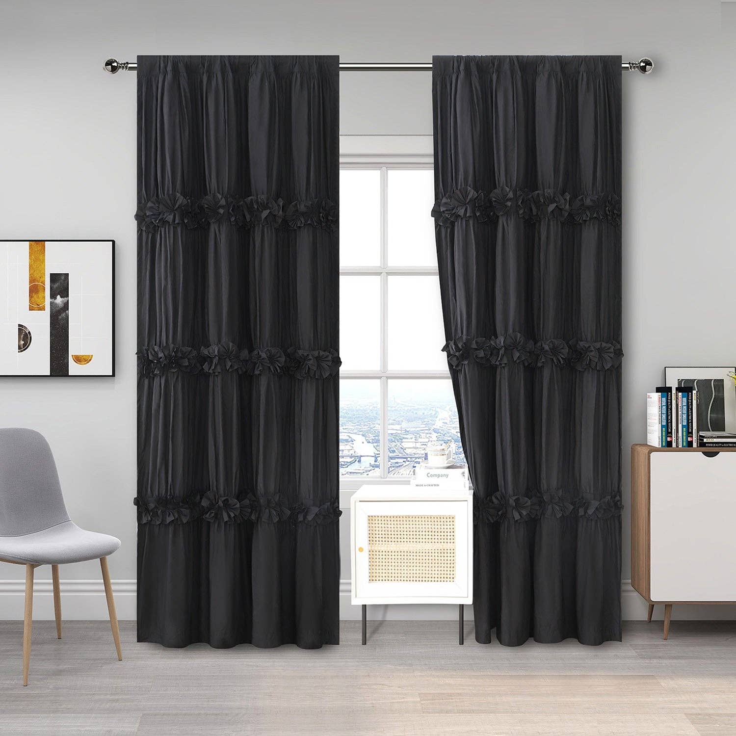 HIG - Wholesale Curtain - Farmhouse Ruffle Window Curtains with Blackout Liner Handmade Bow Ties Drapes 2 Panels Set, 54"W x 84"L20