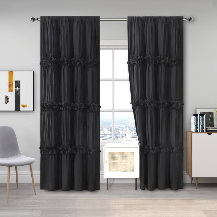 HIG - Wholesale Curtain - Farmhouse Ruffle Window Curtains with Blackout Liner Handmade Bow Ties Drapes 2 Panels Set, 54"W x 84"L20