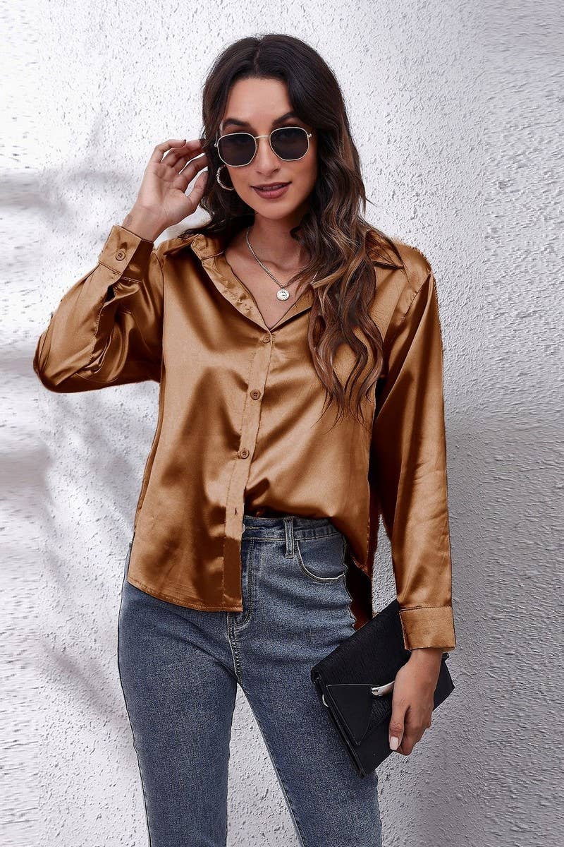 NINEXIS - Wholesale Button Down Shirt - Women's - CWTBLL0691_Button Down Silky Satin Long Sleeve Top15