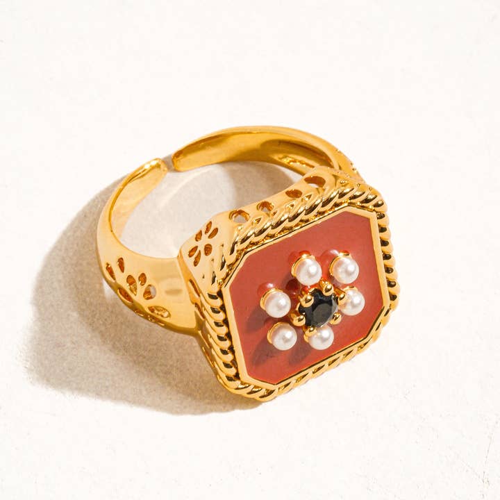 Rouge 18K Gold Red Enamel Vintage Adjustable Ring for wholesale on Faire