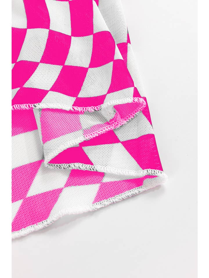 PartyEight - Wholesale Blouse - Women's - Checkered Pattern Mesh Mock Neck Long Sleeve Top21