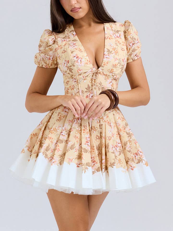 Sexy Lace Deep V-Neck Floral Print Mini Dress for wholesale on Faire