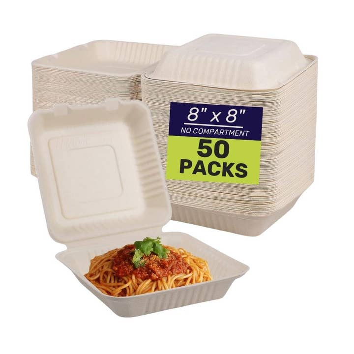 Sogreenpack - Wholesale Disposable Plate - 8" X 8" Compostable Bagasse Clamshell Eco-Friendly 50 Packs