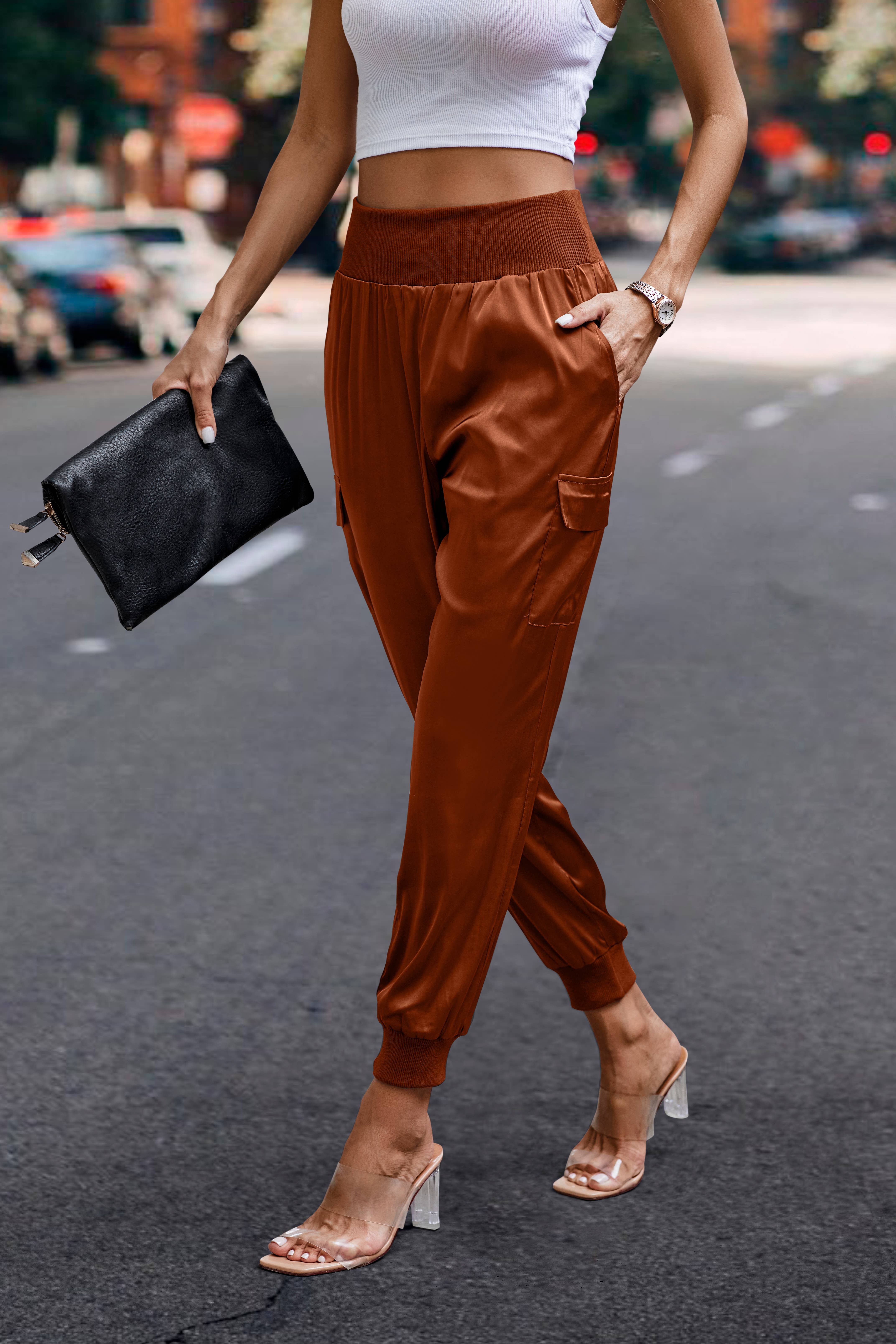 eLook - Wholesale Lounge Sweatpants/Joggers - Women's - SZ1-P0012 Satin Cargo Jogger with Ribbed Waist3