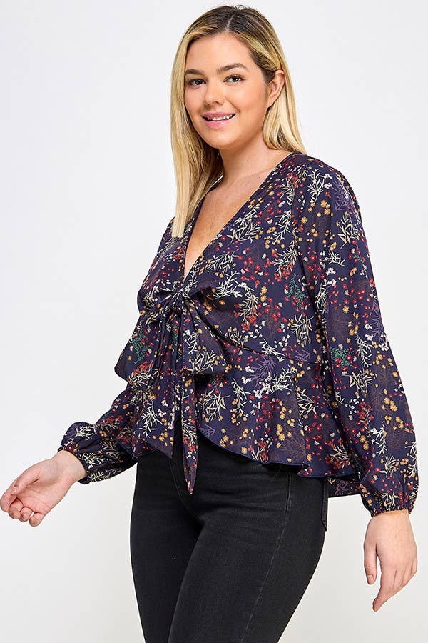 Haute Fox Plus Size & Contemporary - Wholesale Blouse - Dames - Top met strik aan de voorkant en bloemenprint in grote maten JK18498-T12