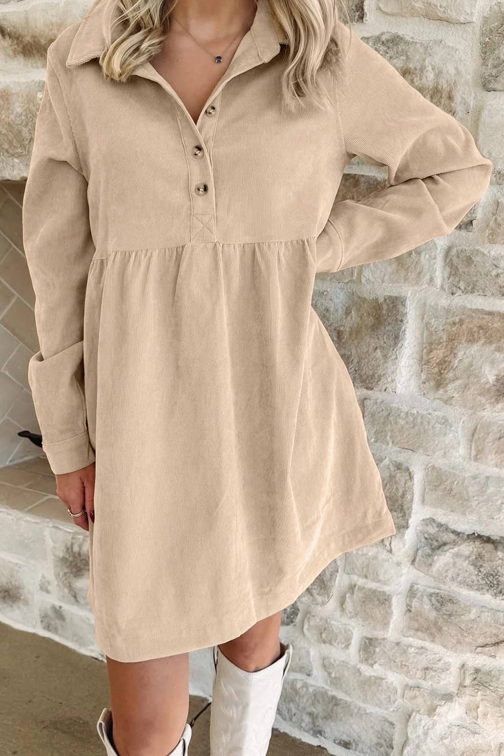 FULL TIME PURCHASE - Wholesale Dress - Women's - Corduroy Half Button Collared Long Sleeve Mini Dress0