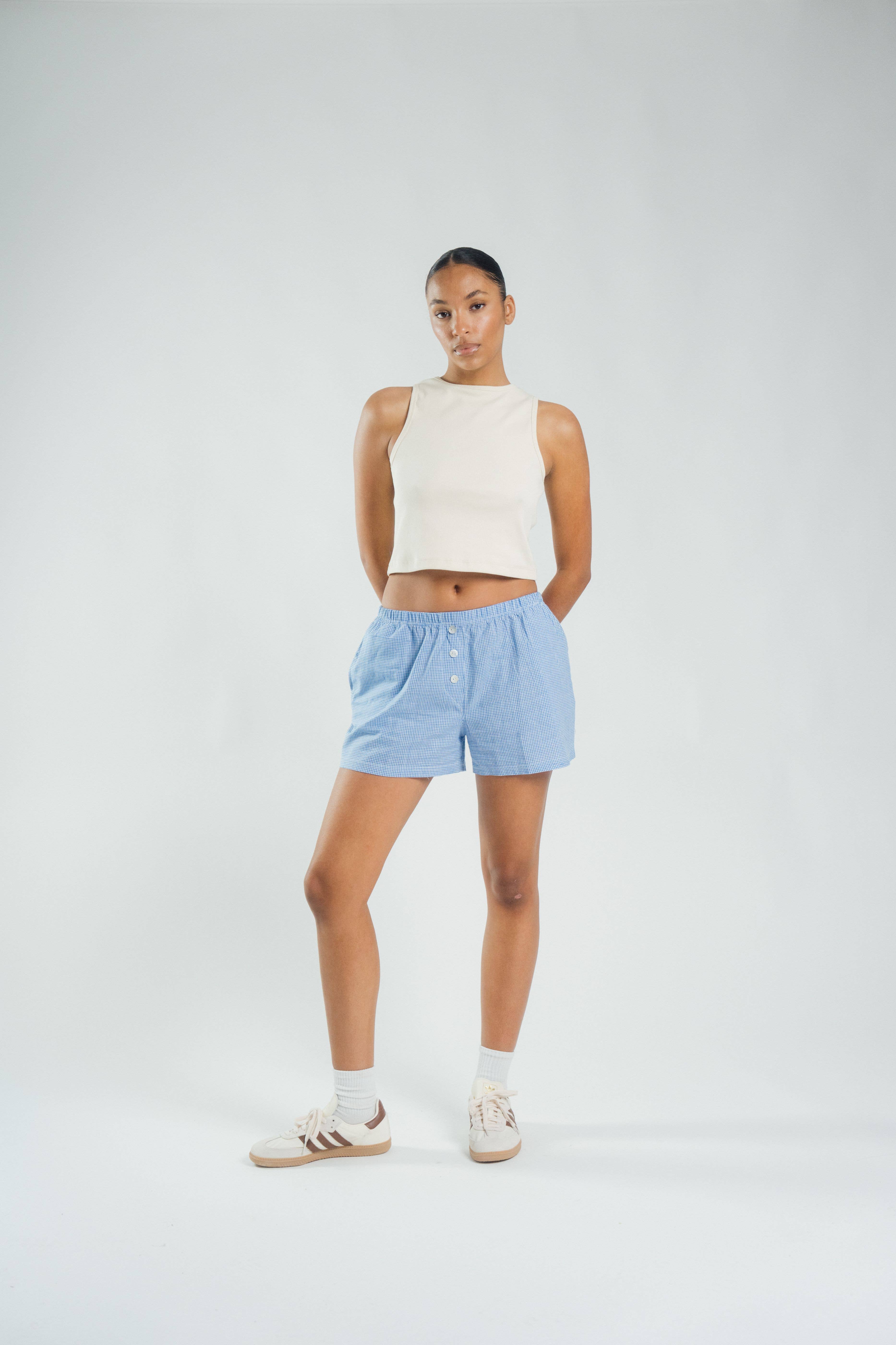 Wildflo Studio - Wholesale Shorts - Women's - Cotton Boxer Shorts Navy Gingham1