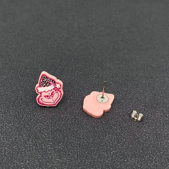Mio Queena - Wholesale Stud/post earrings - Christmas Jewelry Acrylic Pink Grinch Ear Studs2