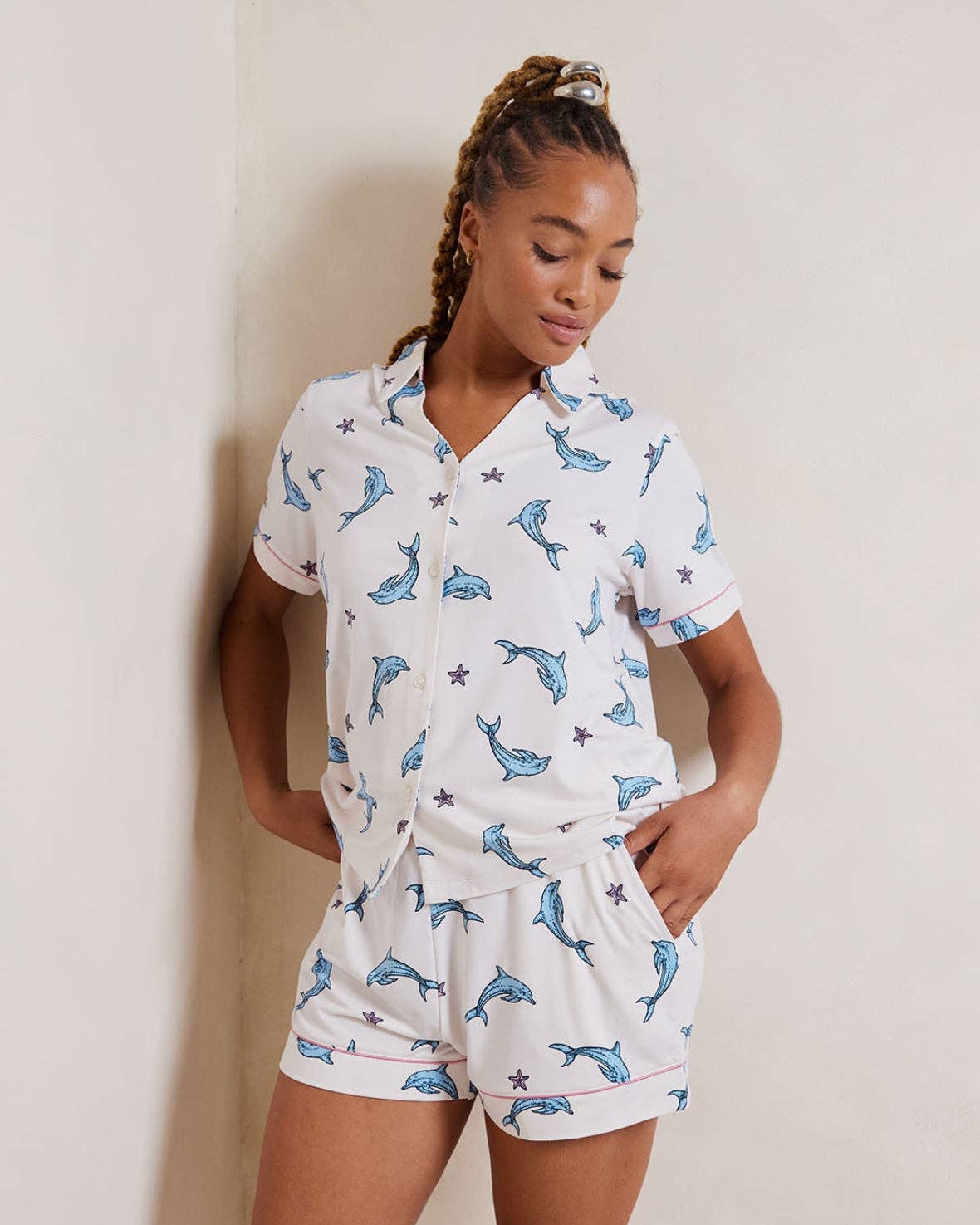 Off White Dolphin Print Short Pyjama Set for wholesale on Faire0