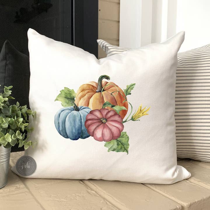 Fall Pumpkins Watercolor | Farmhouse Fall Decor Pillow for wholesale by Stone River Home Co