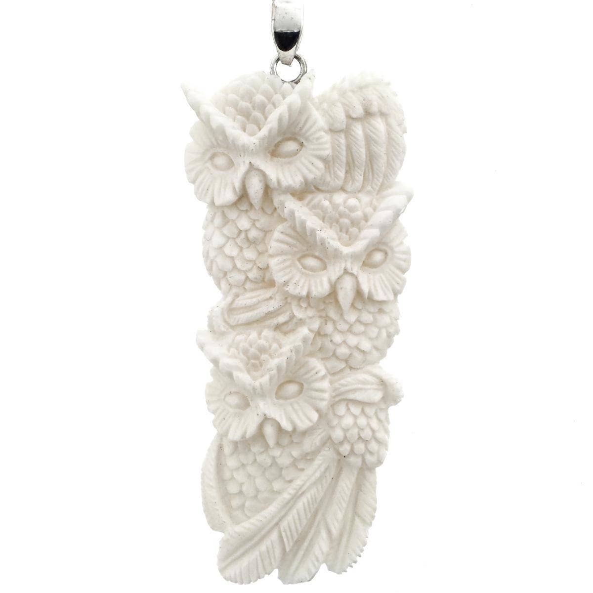 FifiRose - Wholesale Pendant/Charm Necklace - 925 sterling silver handcarved owl trio wisdom bison bone sterling pendant, 3"2