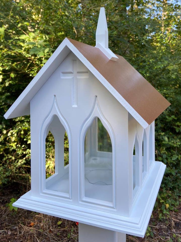 Chapel Bird Feeder Handmade, Choose Roof Color, Gothic Arches Design, Pole Not Included for wholesale by Better Crafter