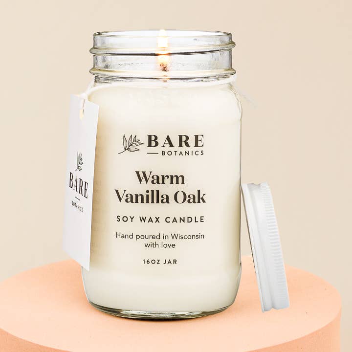 Vela de cera de soja de roble y vainilla cálida (tarro Mason) para venta al por mayor de Bare Botanics