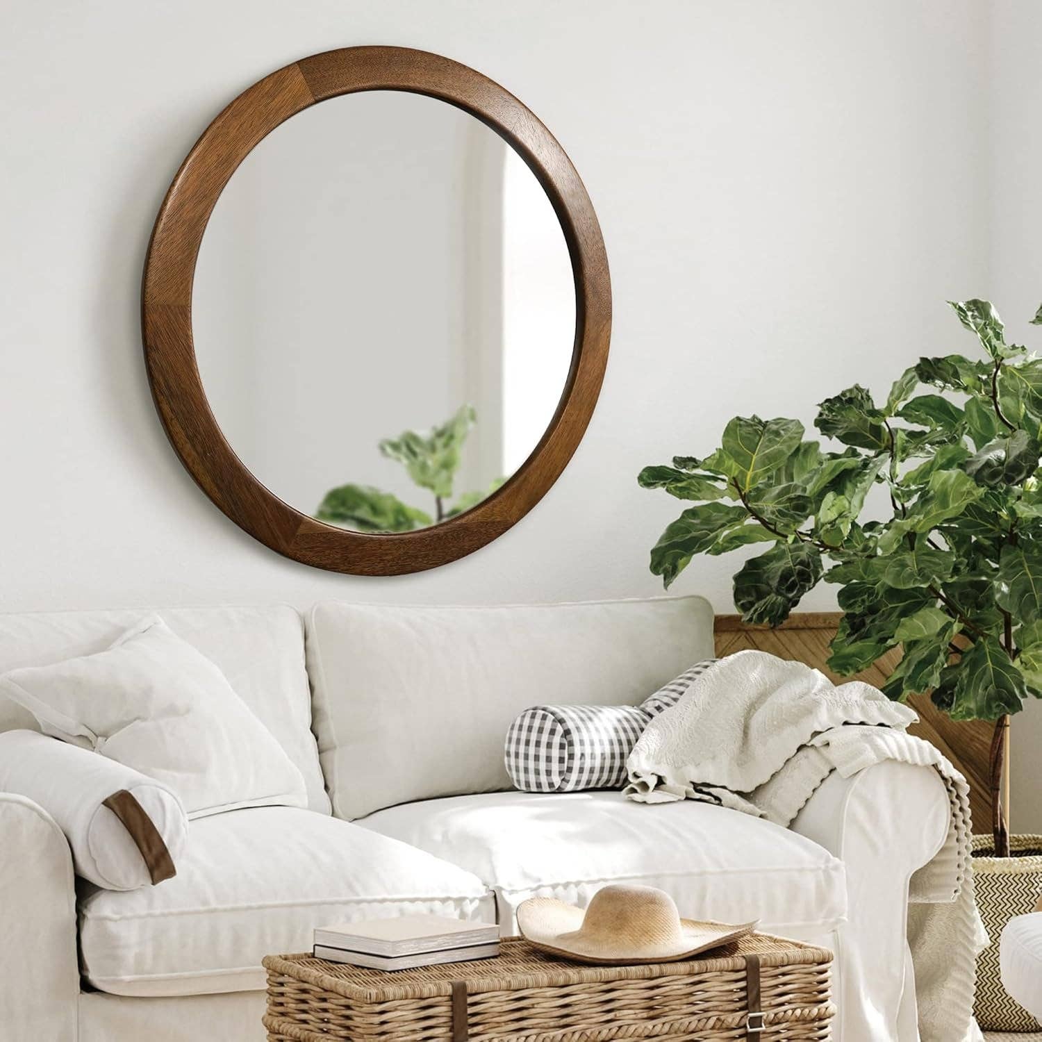 30 Inch Walnut Round Wall Mirror Rustic Style for wholesale on Faire0